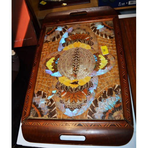 89 - Butterfly Tray (Distressed) having a marquetry design frame which needs repair and needs reglazing