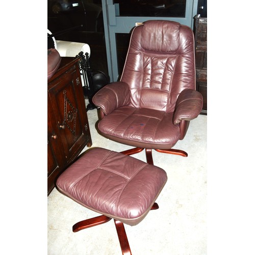 191 - Brown Leather Swivel Recliner Chairs With Matching Footstool