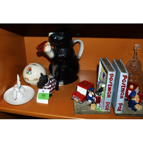 51 - Assorted:  Postman Pat Bookends, Bunnykins Money Box (no Stopper), Tony Wood 