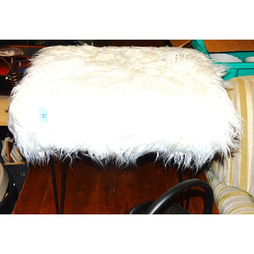 93 - White Shaggy Fabric Upholstered  Stool with Hairpin style Legs