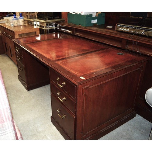 9 - Edwardian Six Drawer Twin Pedestal Desk with Tan Leather with Inkwell recess: 72