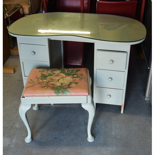 20 - Shabby-Chic Kidney Shape Dressing Table (with Glass Top), Plus Boudoir Stool