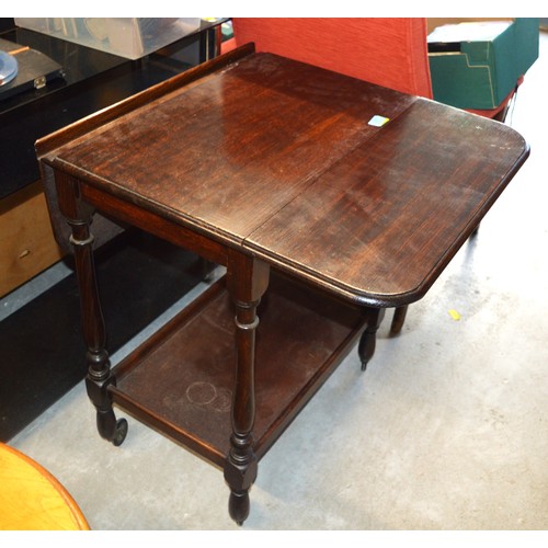 47 - 1930s/1940s Solid Oak Tea Trolley on Wheels having Drop-leaf Side to Top