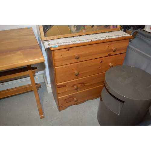 27 - Pine Four Drawer Chest with Turned Wood Handles (Top needs attention)