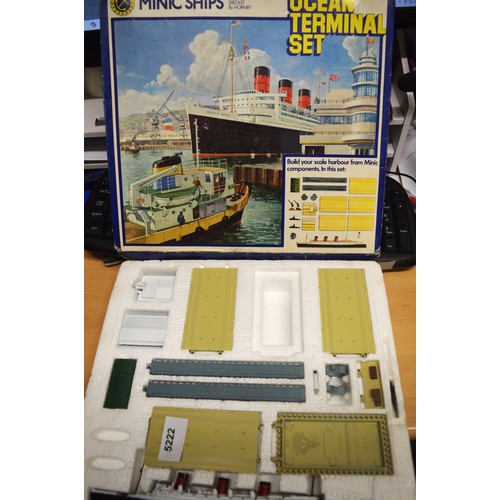 227 - Tri-and Minic Shops Boxed Ocean Liner Set. RMS Queen Mary & Docks (Two Tugs and One Dock Fitting Mis... 