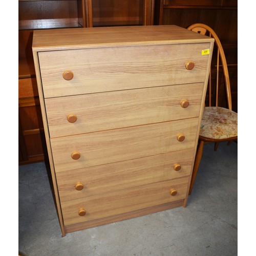 58 - Oak Effect Chest of Five Drawers with Plastic Handles