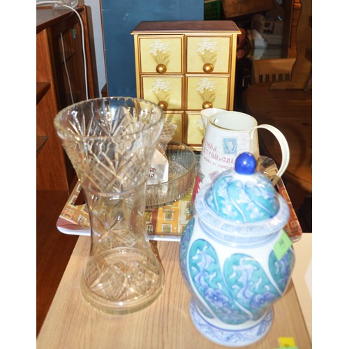 56 - Assorted Household Items:  Tall Glass Vase, Large Glass Bowl, Jug, Tray, Ginger Jar, Six-Drawer Mini... 