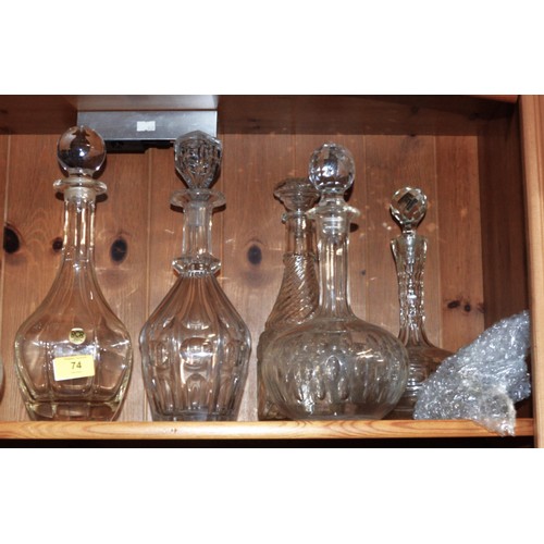 74 - Two Crystal Decanters with Stoppers, Plus Three Others