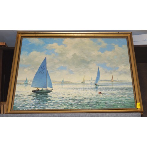 122 - Large Oil on Board in a Gilt Frame of the Marine Lake, West Kirby Signed by R Stephens