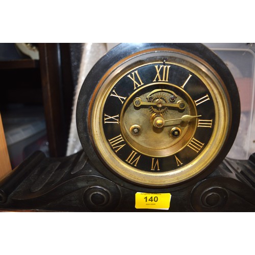 140 - Antique Ebonized Marble on Slate Mantle Clock