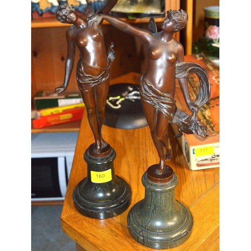 160 - A Pair of Bronze Fairy Figures on a Marble Base signed Rosse and Bose. Approx. 14.5