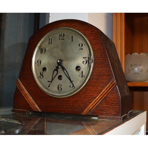 142 - Oak Mantle Clock (Glass face missing)