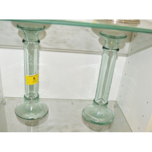 298 - Pair of Green Hue Glass Stem Vases/Candle Sticks