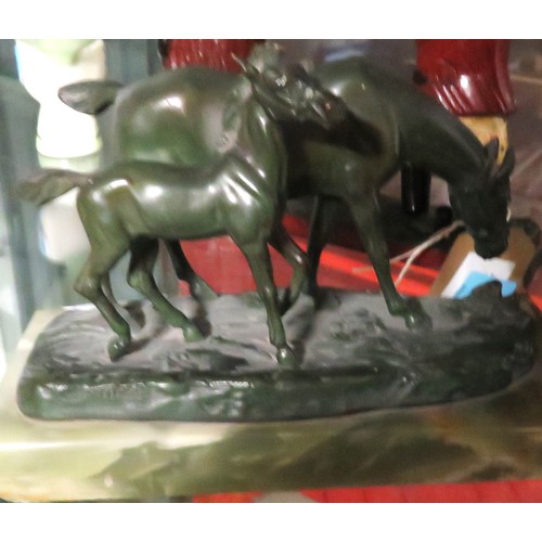 266 - Bronze Horse and Foal Statue on Onyx Plinth Signed 