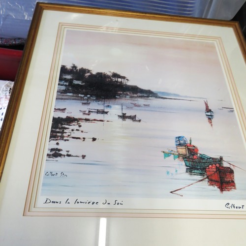 6 - Large Framed, Mounted and Glazed Print by Gilbert S'ter (?) of a French Harbour Scene