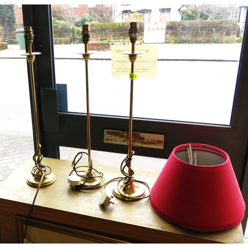 38 - Three Brass Table Lamps with Red Shades