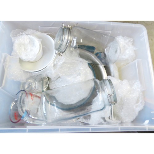 55 - Box of Assorted Kitchenware including crockery, glassware, storage jars, utensils, etc