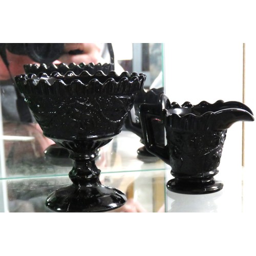 185 - Black Glass Sugar Bowl and Cream Jug