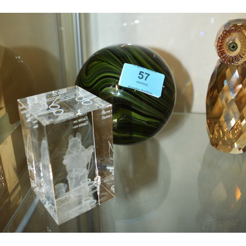 190 - Three Paper Weights:  Owl, Green Ball, and One Other (Chipped)