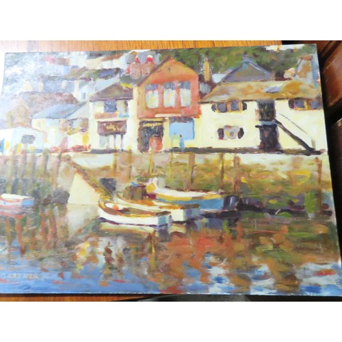 196 - Unframed Oil Painting by Keith Gardner Boats Tied Up Looe Cornwall 16