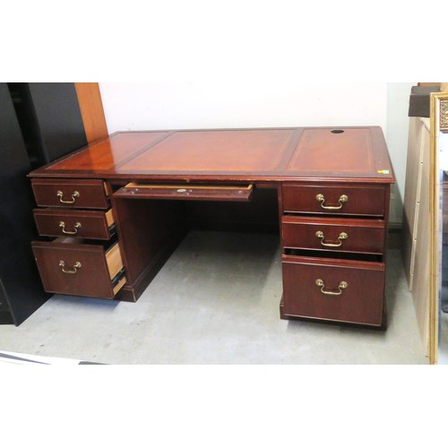 273 - Repro Edwardian Six Drawer Twin Pedestal Desk with Tan Leather with Inkwell recess: 72