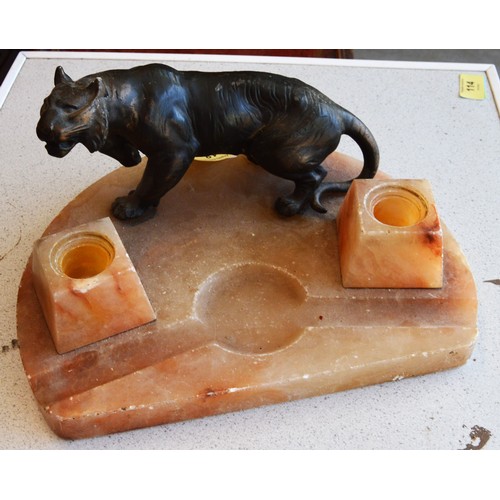 A Bronze Tiger Pen Stand (on Alabaster Base)