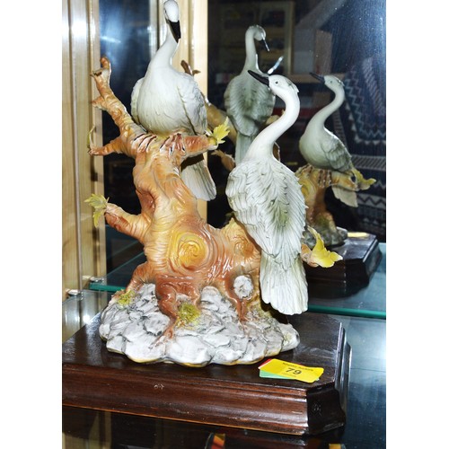 79 - Italian Figural - Two Herons on Branch and on a Wooden Plinth  - approx 12