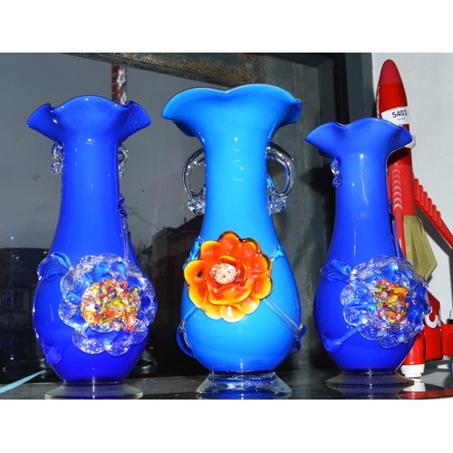 300 - Set of Three Cased Glass Vases (Chinese Glass  - with Pontil Marks) - in Royal Blue and Each having ... 