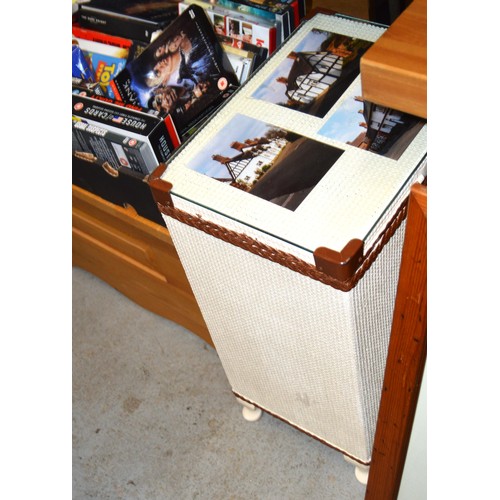 Three Items of Wickerware: Upholstered Ottoman, Linen Box, Linen Stool