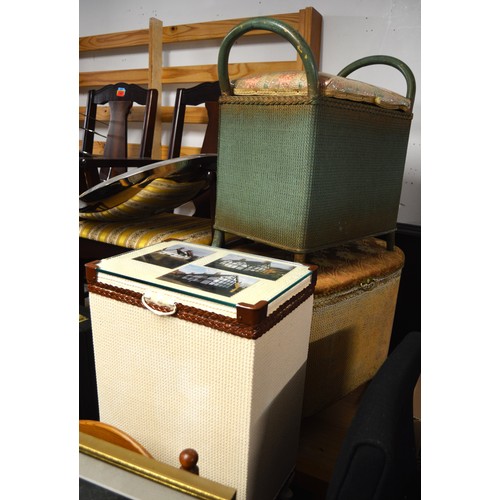 Three Items of Wickerware: Upholstered Ottoman, Linen Box, Linen Stool