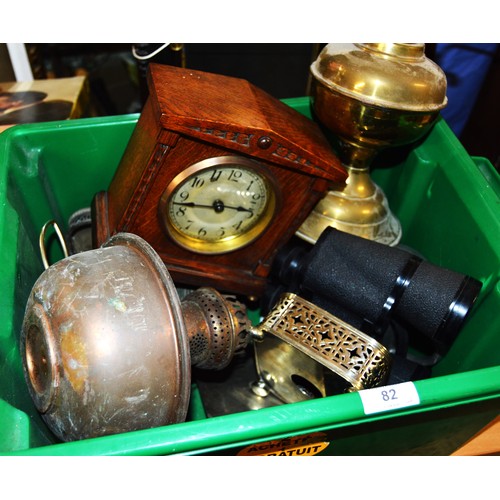 74 - Box of Bric-a-Brac including Oak Cased Mantle Clock, Pair of Binoculars, Metal-Ware, etc