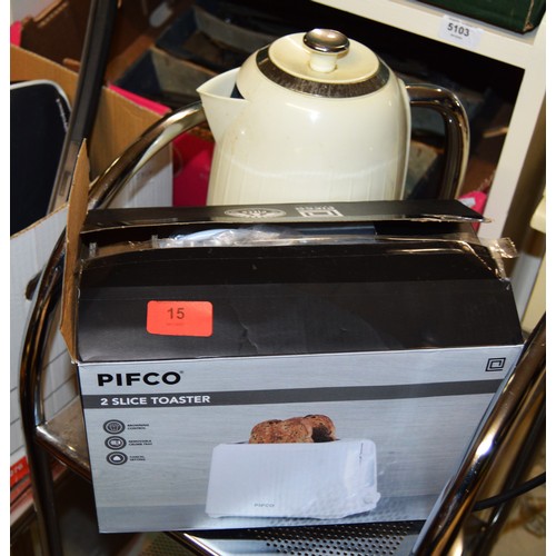 98 - Brand New in Box Pifco Two Slice Toaster plus a Breville Kettle in an Ivory Colouring (Used)
