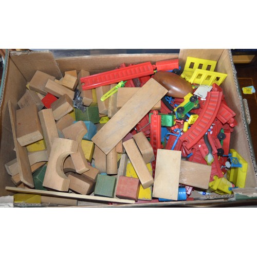 99 - Assortment of children's building blocks plus a plastic railway complete with loco and  carriages