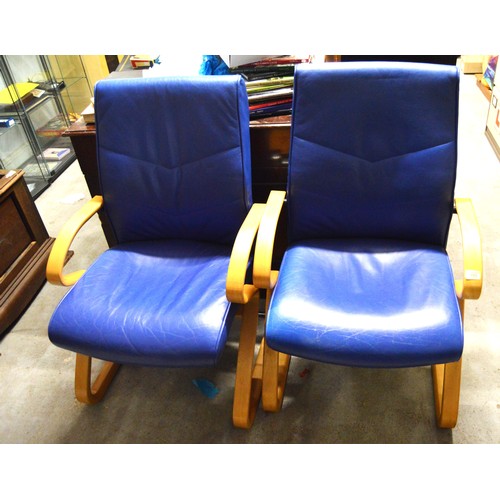 105 - A Pair of Blue Leather Upholstered Bentwood Chairs