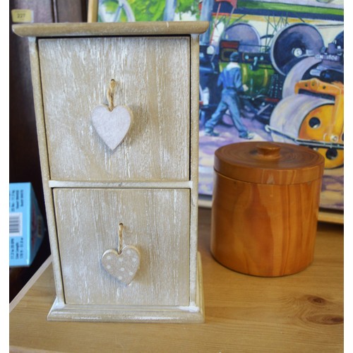 113 - A Wooden Lidded Cylinder Container Plus a Shabby Chic Miniature Drawers with Heart Shaped Pull Handl... 