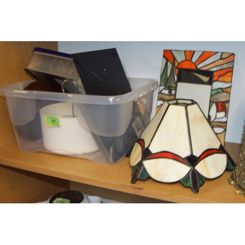 89 - Box of Kitchenware, Tiffany-style Lampshades etc