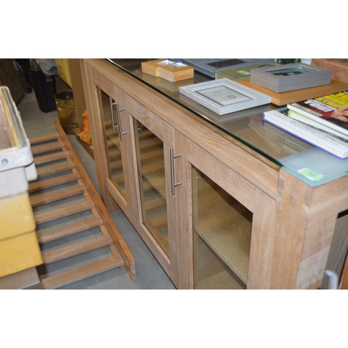 102 - Modern Light Oak Sideboard/Storage Cabinet having Glass Top and Three Cupboards - Ideal Kitchen Stor... 
