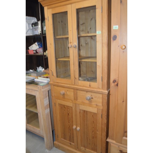 121 - Pine Cabinet having Two-Door Glazed Upper with Twin Under-Drawers and Two-Door Base