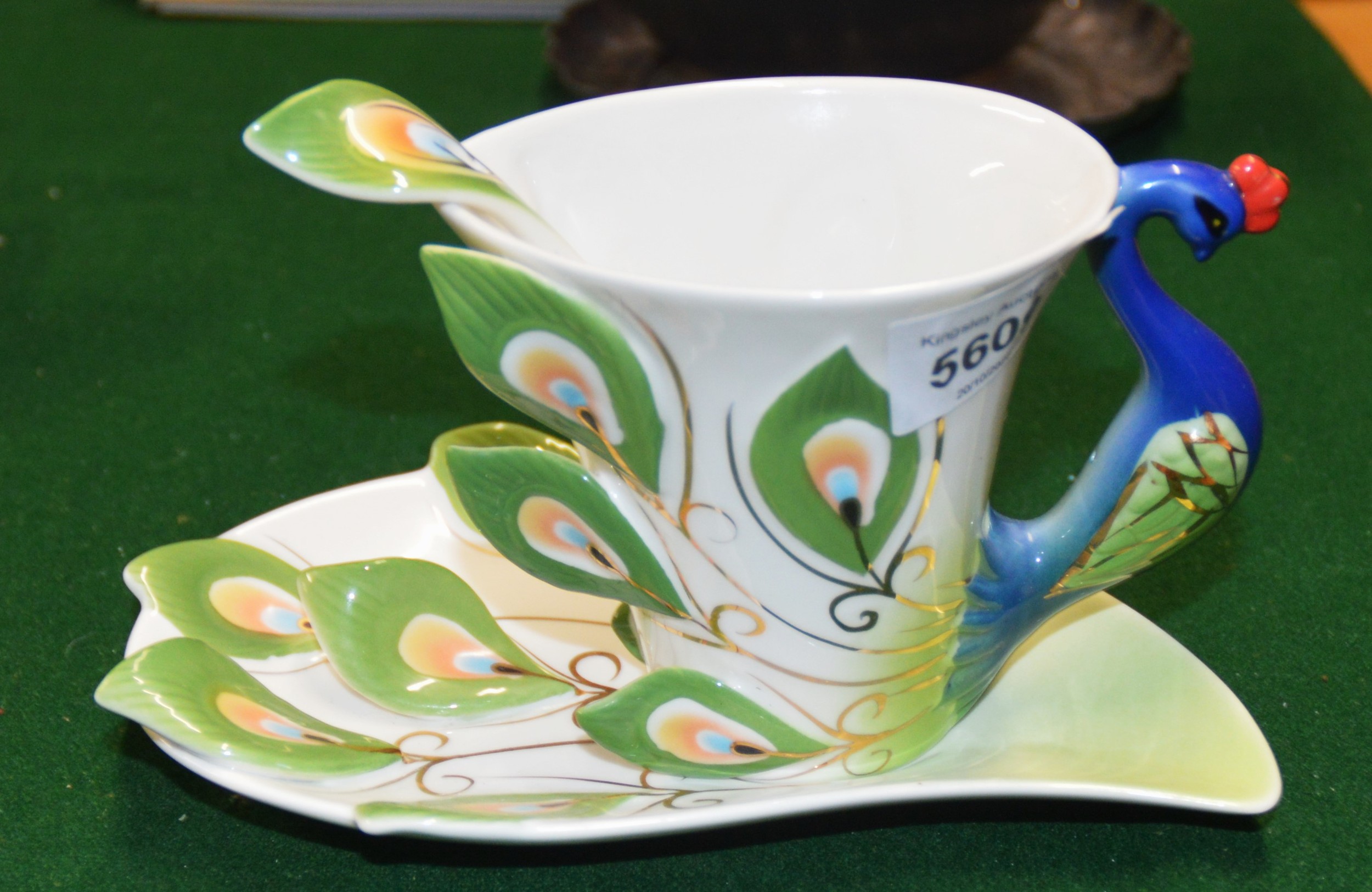 Ornate Peacock Design Cup, Saucer and Spoon