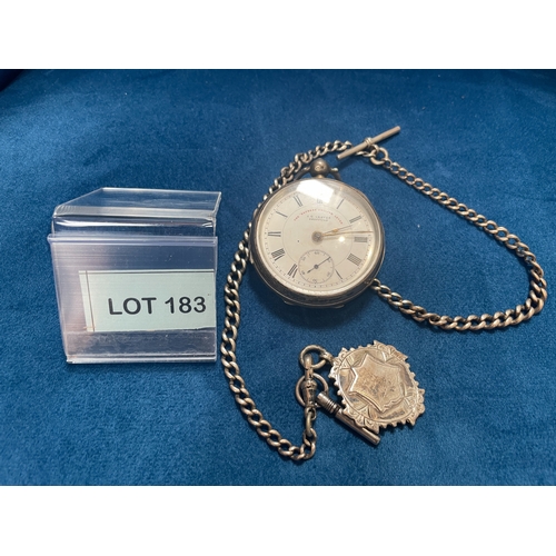 JC Groves silver case pocket watch with double Albert chain & fob