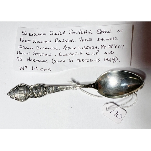 190 - Sterling Silver Souvenir Spoon of Fort William Canada. Views showing Grain Exchange, Public Library,... 