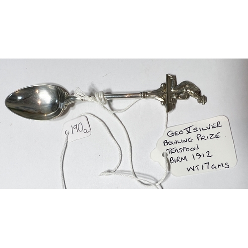 190a - Silver Bowling Prize Teaspoon Birmingham 1912 Wt 17gms.