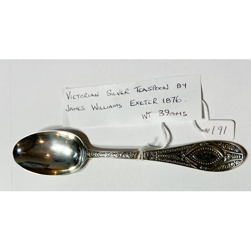 191 - Victorian Silver Teaspoon by James Williams Exeter 1876. Wt 39gms