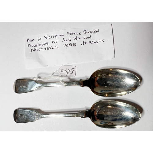 193 - Pair of Victorian Fiddle Pattern Teaspoons by John Walton. Newcastle 1858. Wt 35gms.