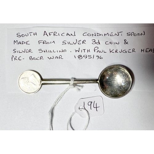 194 - South African Condiment Spoon made from Silver 3d Coin & Silver Shilling with Paul Kruger Head. Pre-... 