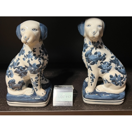 117 - Pair of iron stone blue and white dogs