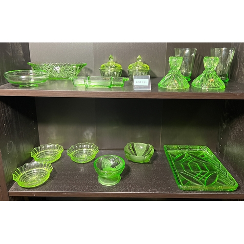 121 - 13 pieces of art deco uranium glass plus 2 green glass cups