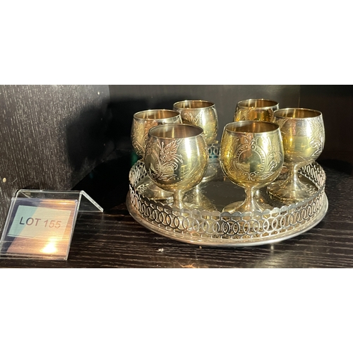 155 - Silver metal tray with six goblets