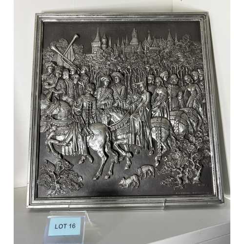 16 - Large plaque to pick an early Tudor scene - approx 36 x 34cm