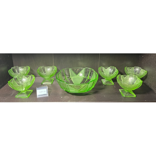 23 - Uranium glass art deco  punchbowl and six punch/ trifle glasses.